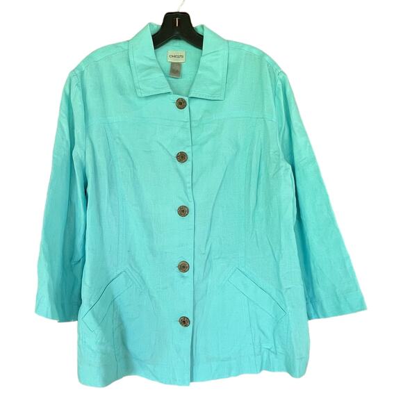 Chicos Jacket 100% Linen Blazer Size 2‎ US L 3/4 Sleeve Pockets Turquoise Blue - Picture 1 of 7
